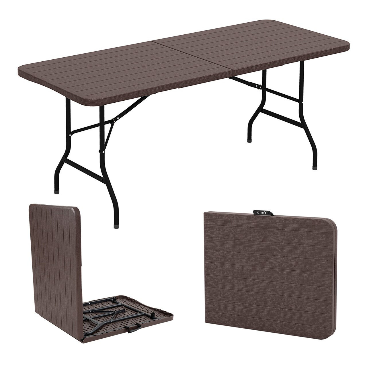6 Feet Wood Grain HDPE Folding Table with Safety Lock and Metal Legs Perfect for Outdoor Use
